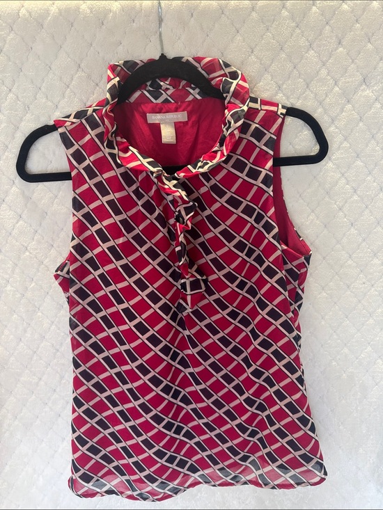 Banana Republic Tops - Banana Republic Red Pink Geometric Sleeveless Ruffle Neck Blouse